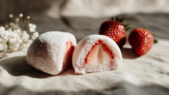 Close-up of fresh strawberry mochi dessert with whole strawberries in the background, Japanese sweets concept.