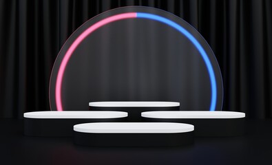 White and black podium, black background with neon lights and curtains for advertising popular empty product, 3d illustration.
