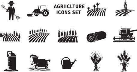 Obraz premium Agriculture silhouette icon set. farming, crop, wheat, harvest, grain icons collection,