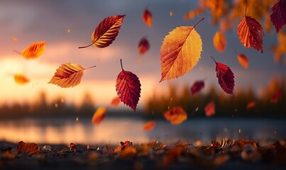 Colorful autumn leaves falling through the air against a blurred natural landscape at sunset, creating a soft warm-toned seasonal background with copy space for fall-themed designs and banners