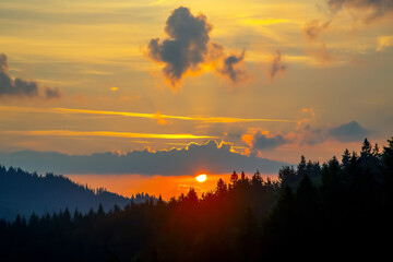 Naklejka premium Stunning sunset over a forest landscape with colorful clouds reflecting on the horizon