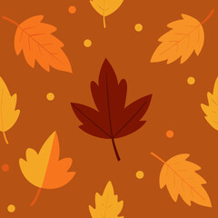 Fototapeta premium Autumn leaves and dots pattern on orange background