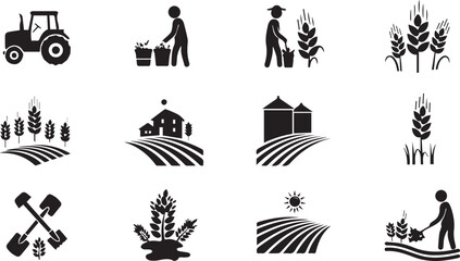 Agriculture silhouette icon set. farming, crop, wheat, harvest, grain icons collection,