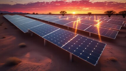 Solar panels stretch across a desert landscape at sunset reflecting the vibrant colors in the sky