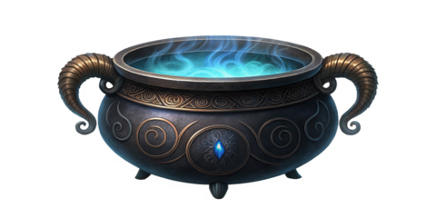 Mystical Black Cauldron with Ram Horn Handles and Glowing Arcane Smoke – Fantasy Magic Scene
Enchanted Cauldron Brewing Powerful Potion with Blue Mist and Arcane Energy – Transparent Background