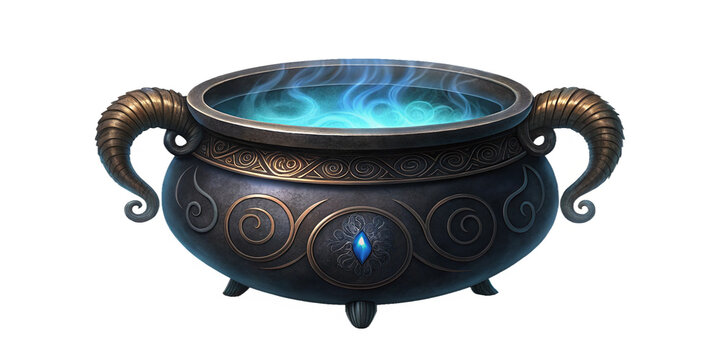 Mystical Black Cauldron with Ram Horn Handles and Glowing Arcane Smoke – Fantasy Magic Scene
Enchanted Cauldron Brewing Powerful Potion with Blue Mist and Arcane Energy – Transparent Background - Powered by Adobe