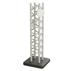 3D ladder-style tower with antenna on black base, symbolizing telecom infrastructure or signal transmission, isolated for industrial themes.

