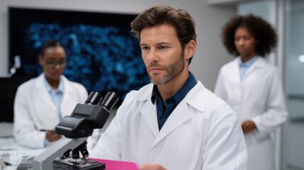 Fototapeta premium Research team analyzing samples in modern laboratory scientific study high-tech environment professional viewpoint