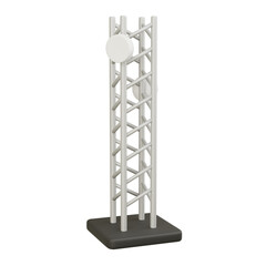 Realistic 3D tower frame with communication dish, ideal for industrial, broadcast, or cellular signal themes on white background.

