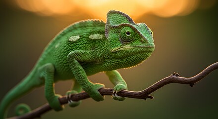 Fototapeta premium Chameleon on a Branch: A vibrant green chameleon, perfectly camouflaged with the essence of nature. Perched elegantly on a branch, with its intricate skin and curious eyes.