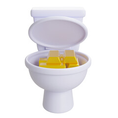 Toilet bowl filled with gold bars, symbolizing wasteful wealth or financial loss, isolated on white background for concept or editorial use.

