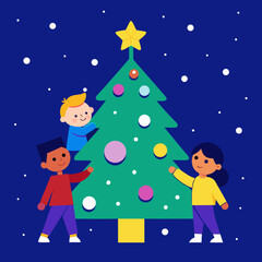 Fototapeta premium Children decorating a christmas tree under falling snow