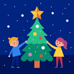 Children decorating a christmas tree under a snowy night sky