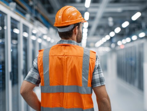 Engineer in orange vest and helmet walks, in server room corridor, examining equipment. - Powered by Adobe