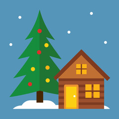 Cozy cabin and decorated christmas tree in snowy landscape
