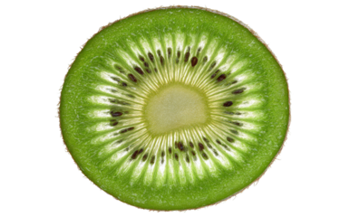 Close-up slice of a vibrant green kiwi.  Circular cross-section reveals the fruit's interior, showcasing  numerous tiny, dark seeds arranged radially