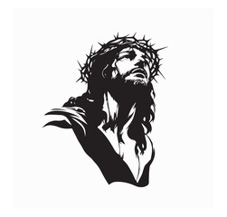 Jesus Christ with Sharp Crown of Thorns Black and White Religious Vector Illustration
