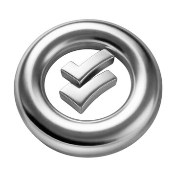3D double Check inside a circle Icon PNG. Glossy Silver Metallic Tick for Clean UI and Mobile Designs.