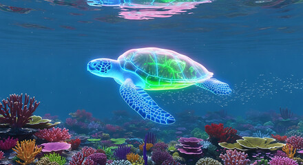 Obraz premium Vibrant sea turtle swimming gracefully over a colorful coral reef ecosystem in a blue ocean habitat