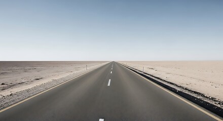A long open highway stretches into the distant horizon under a clear blue sky