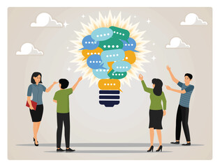 Team opinion new idea concept. Business people discuss with light bulb speech bubble.