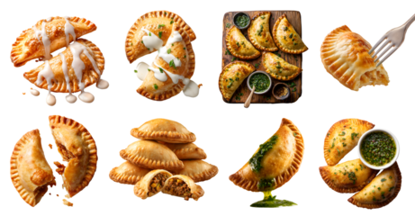 Set of Empanada Curry puff crispy fried baked Golden turnover pastry, filling beef chicken pork, with sauce dip, wooden board, stack broken bitten, isolated transparent cutout PNG. Mockup template.	