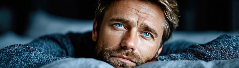 No recharge for sluggish person concept. A thoughtful man gazes into the distance, lost in deep reflection.