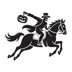 Silhouette of a rider and horse holding a Halloween pumpkin, the horse galloping at a fast pace.