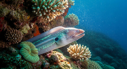 Fototapeta premium Explore a stunning moray eel swimming near vibrant coral reefs in clear blue ocean waters, underwater life