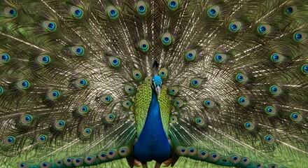 Obraz premium Majestic Peacock in Display: A resplendent peacock showcases its stunning plumage in full display, a symbol of beauty and grace in its natural habitat.