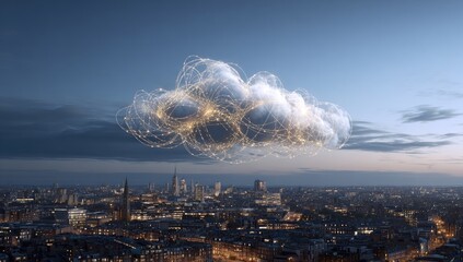 Cloud computing over city skyline at dusk