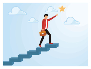 Reward and motivation concept. Businessman Climbing Stairs Reaching for Star