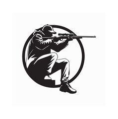 Silhouette of Hunter Sitting and Aiming Gun in Black and White Vector Design