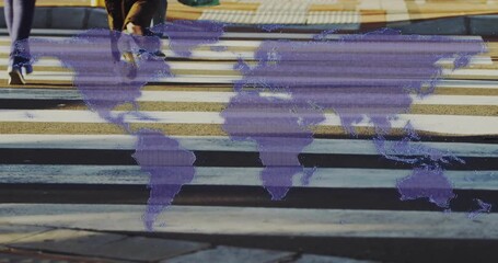 Pedestrian legs stepping onto zebra crosswalk causing purple world map glitching then stabilizing - Powered by Adobe