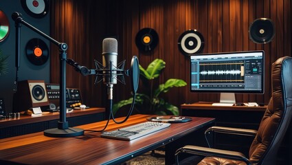 A recording studio setup featuring a microphone, monitor, keyboard, and a comfortable leather chair