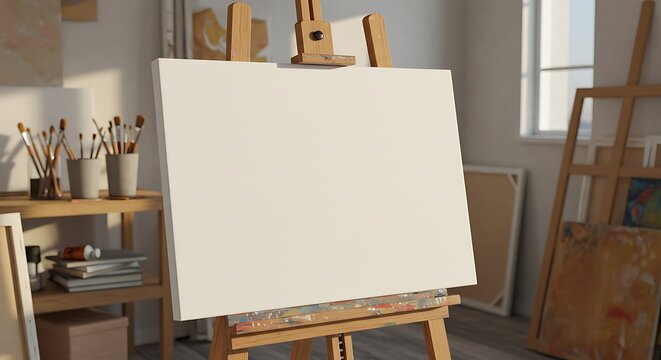 Blank canvas on easel in sunlit artist's studio, ready for painting. - Powered by Adobe