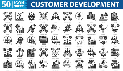 Customer Development Icon Set Collection. containing Relationship, Demand, Customer, Channels, Features, Customer Loyalty, Agile, Validation, Founder, Survey icon. simple glyph vector illustration