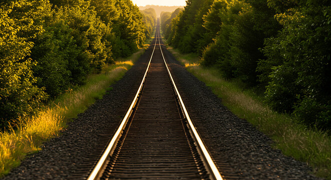 A captivating image showcasing railway tracks stretching into the far distance amidst lush green