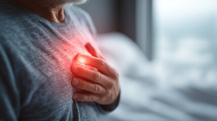 Elderly Man Observing Chest Pain Symptoms While Sitting on Bed in Cozy Bedroom Environment