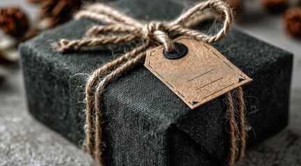 Dark gift box with twine and tag