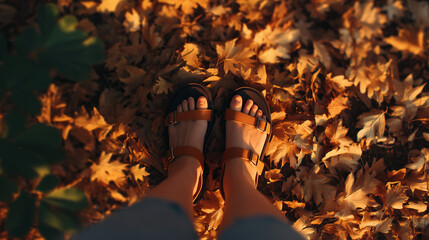 autumn leaves and sandals on a forest floor 