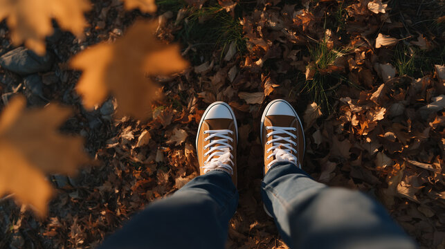 person with sneakers standing on autumn leaves - Powered by Adobe