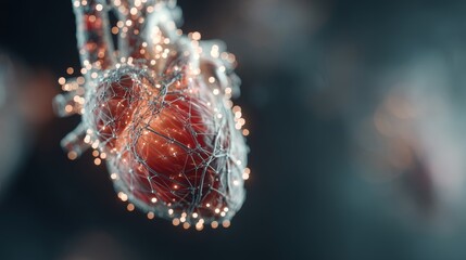 Abstract Representation of Heart with Glowing Connections and Digital Elements