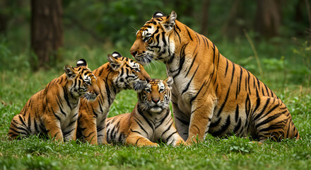Obraz premium A heartwarming portrait of a tiger family amidst lush greenery in their habitat showcasing the