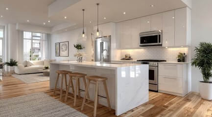 Modern open-concept kitchen and living area with hardwood floors, white cabinetry, and an island