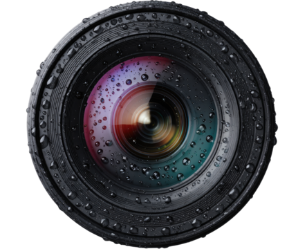 Close-up of a camera lens with water droplets