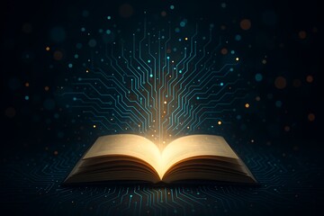 Illuminated book radiates digital circuit patterns, symbolizing knowledge and future technology.