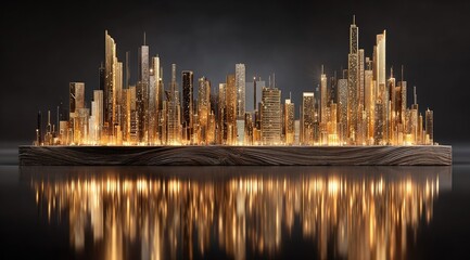 Golden city skyline model on wood, reflected in dark water