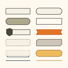 Obraz premium A 3x5 grid of 12 stylized label and badge designs in rectangular, oval, and shield-like shapes. Featuring varied outlines, fills, and corners in beige, gray, orange, and black on a light beige backgro