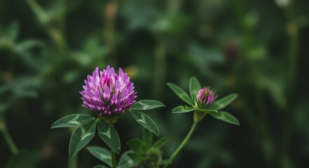 Obraz premium Close-Up of Purple Clover Flower Among Lush Green Leaves with Soft Natural Background